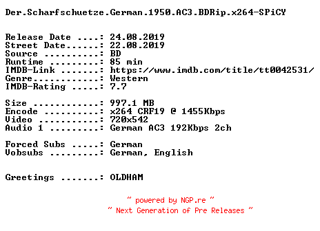 NFO for the release Der.Scharfschuetze.German.1950.AC3.BDRip.x264.iNTERNAL-SPiCY by SPiCY