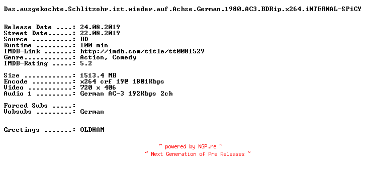 NFO for the release Das.ausgekochte.Schlitzohr.ist.wieder.auf.Achse.German.1980.AC3.BDRip.x264.iNTERNAL-SPiCY by SPiCY