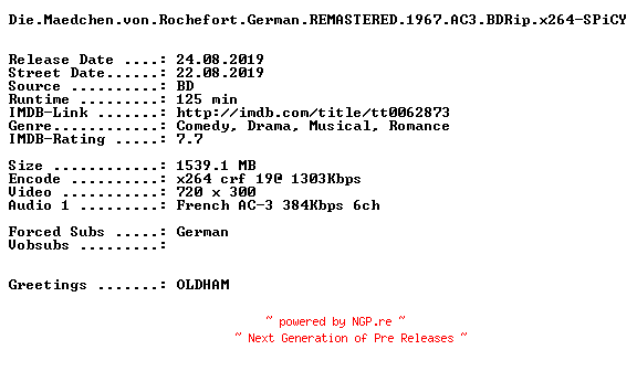 NFO for the release Die.Maedchen.von.Rochefort.German.SUBBED.REMASTERED.1967.AC3.BDRip.x264-SPiCY by SPiCY