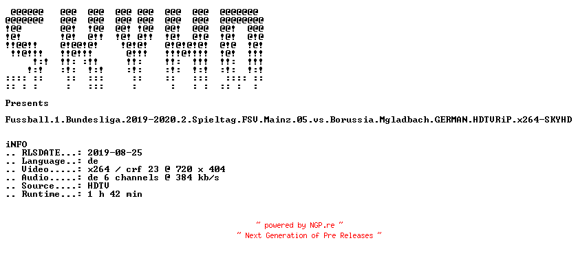 NFO for the release Fussball.1.Bundesliga.2019-2020.2.Spieltag.FSV.Mainz.05.vs.Borussia.Mgladbach.GERMAN.HDTVRiP.x264-SKYHD by SKYHD