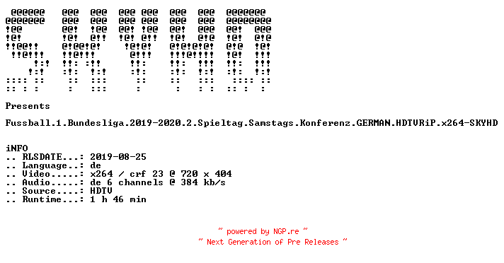 NFO for the release Fussball.1.Bundesliga.2019-2020.2.Spieltag.Samstags.Konferenz.GERMAN.HDTVRiP.x264-SKYHD by SKYHD