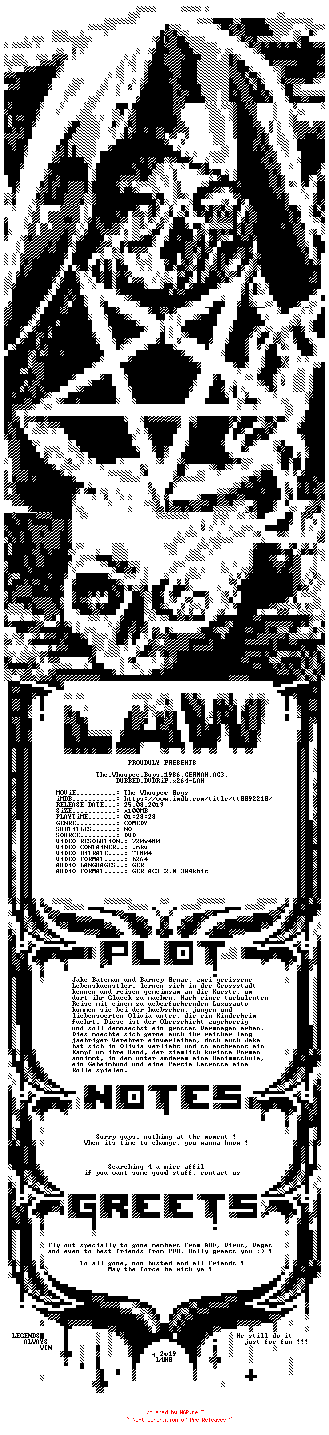 NFO for the release The.Whoopee.Boys.1986.GERMAN.AC3.DUBBED.DVDRiP.x264-LAW by LAW