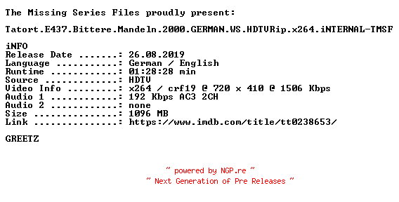 NFO for the release Tatort.E437.Bittere.Mandeln.2000.GERMAN.WS.HDTVRip.x264.iNTERNAL-TMSF by TMSF