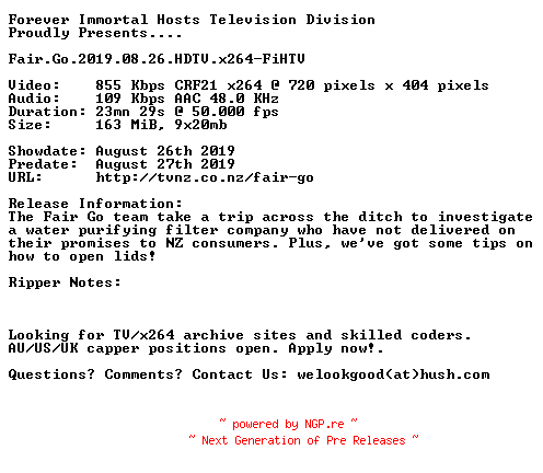 NFO for the release Fair.Go.2019.08.26.HDTV.x264-FiHTV by FiHTV
