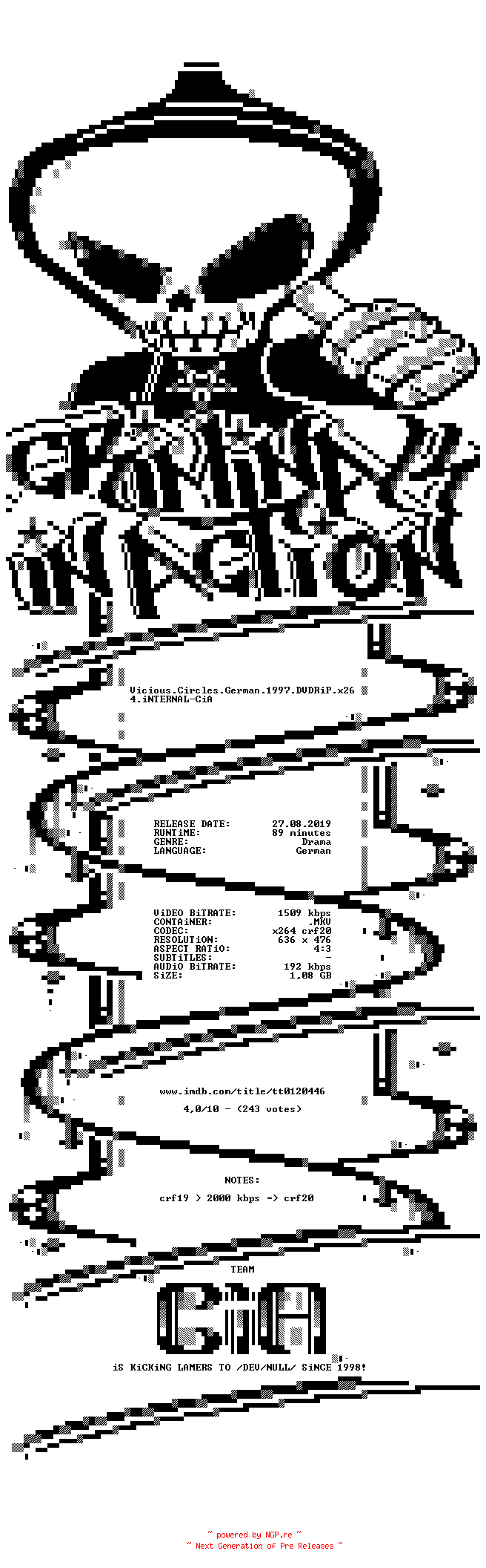 NFO for the release Vicious.Circles.German.1997.DVDRiP.x264.iNTERNAL-CiA by CiA