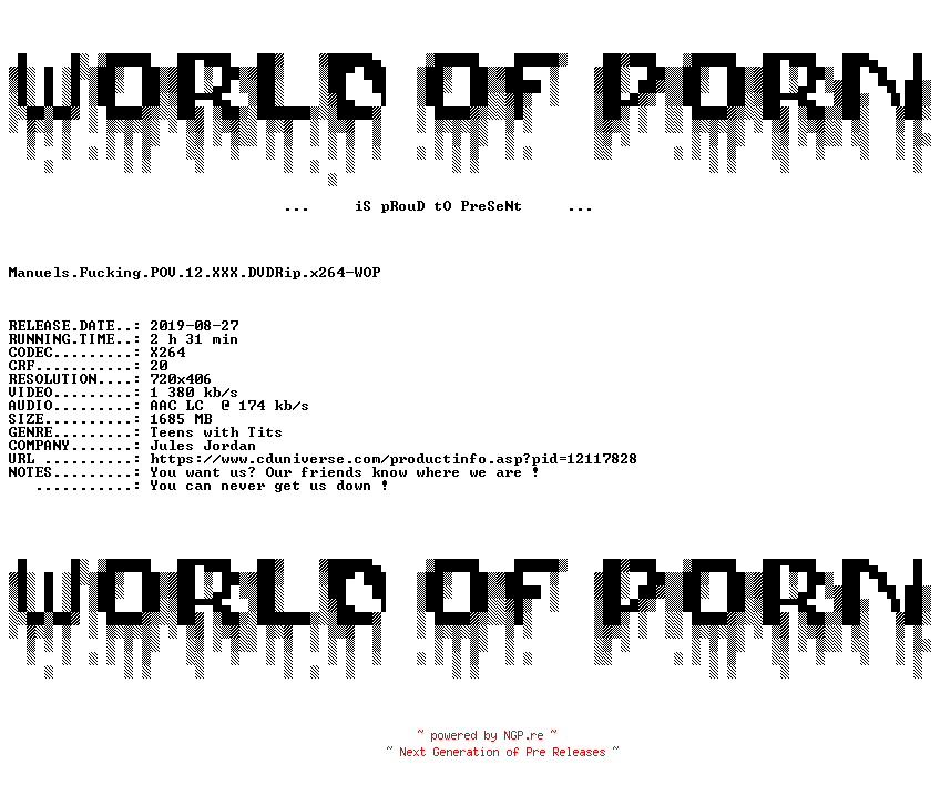 NFO for the release Manuels.Fucking.POV.12.XXX.DVDRip.x264-WOP by WOP