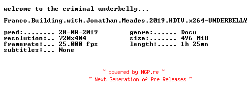 NFO for the release Franco.Building.with.Jonathan.Meades.2019.HDTV.x264-UNDERBELLY by UNDERBELLY