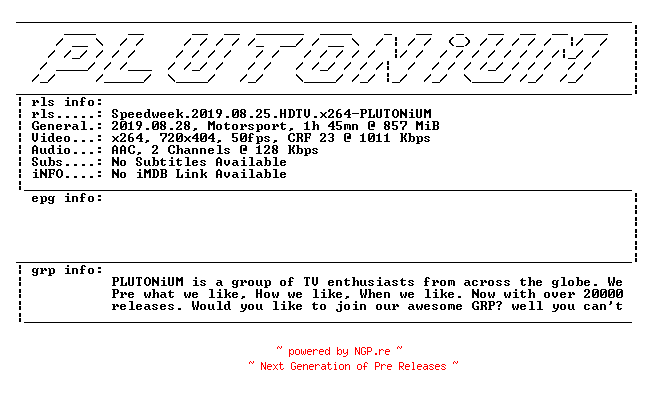 NFO for the release Speedweek.2019.08.25.HDTV.x264-PLUTONiUM by PLUTONiUM