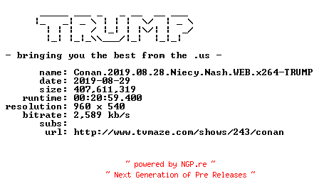 NFO for the release Conan.2019.08.28.Niecy.Nash.WEB.x264-TRUMP by TRUMP