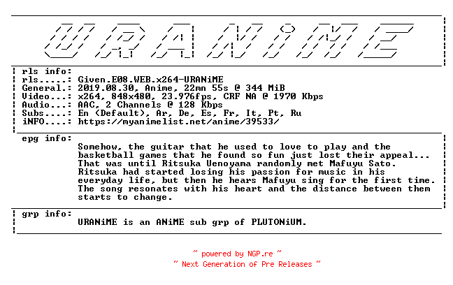 NFO for the release Given.E08.WEB.x264-URANiME by URANiME