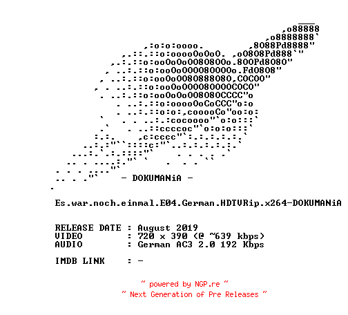 NFO for the release Es.war.noch.einmal.E04.German.HDTVRip.x264-DOKUMANiA by DOKUMANiA