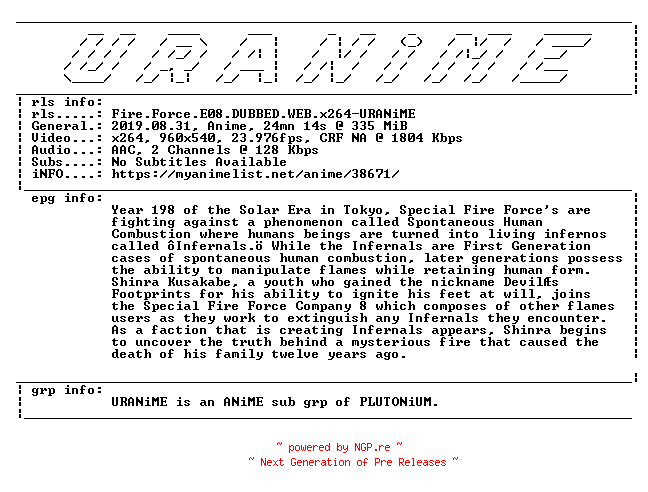 NFO for the release Fire.Force.E08.DUBBED.WEB.x264-URANiME by URANiME