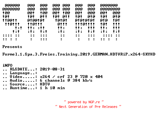 NFO for the release Formel.1.Spa.3.Freies.Training.2019.GERMAN.HDTVRiP.x264-SKYHD by SKYHD