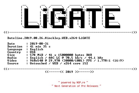 NFO for the release Dateline.2019.08.26.Hinckley.WEB.x264-LiGATE by LiGATE
