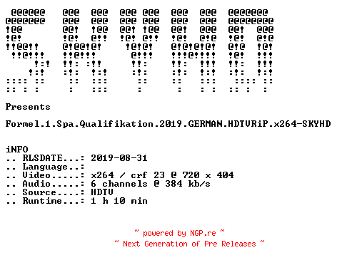 NFO for the release Formel.1.Spa.Qualifikation.2019.GERMAN.HDTVRiP.x264-SKYHD by SKYHD