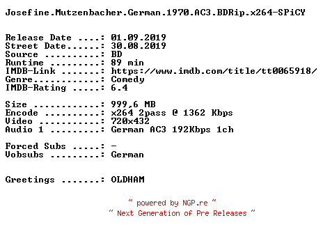 NFO for the release Josefine.Mutzenbacher.German.1970.AC3.BDRip.x264-SPiCY by SPiCY