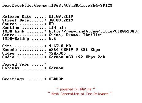 NFO for the release Der.Detektiv.German.1968.AC3.BDRip.x264.iNTERNAL-SPiCY by SPiCY