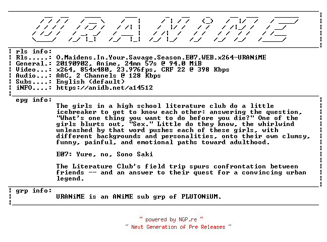 NFO for the release O.Maidens.In.Your.Savage.Season.E07.WEB.x264-URANiME by URANiME