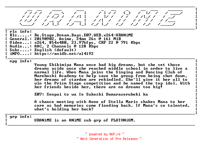 NFO for the release Re.Stage.Dream.Days.E07.WEB.x264-URANiME by URANiME