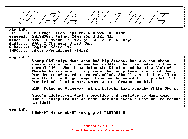 NFO for the release Re.Stage.Dream.Days.E09.WEB.x264-URANiME by URANiME