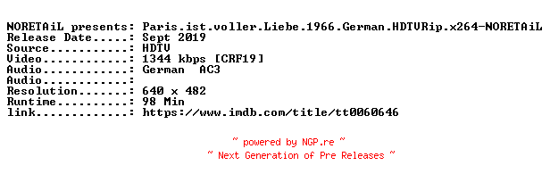 NFO for the release Paris.ist.voller.Liebe.1966.German.HDTVRip.x264-NORETAiL by NORETAiL