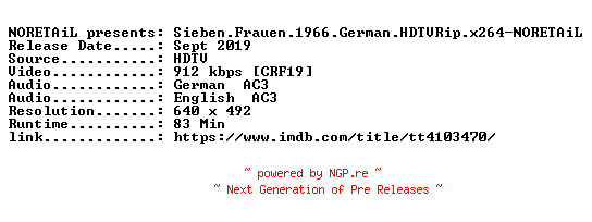 NFO for the release Sieben.Frauen.1966.German.HDTVRip.x264-NORETAiL by NORETAiL