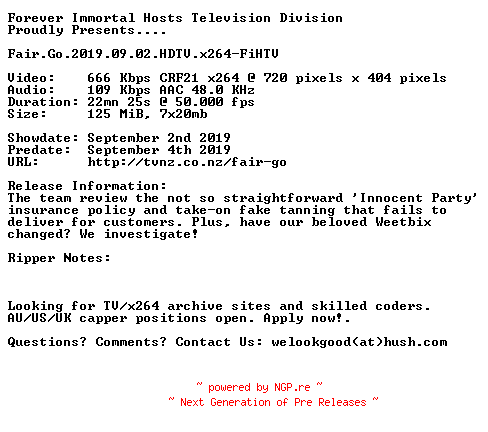 NFO for the release Fair.Go.2019.09.02.HDTV.x264-FiHTV by FiHTV