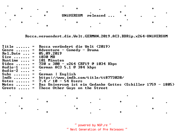 NFO for the release Rocca.veraendert.die.Welt.GERMAN.2019.AC3.BDRip.x264-UNiVERSUM by UNiVERSUM