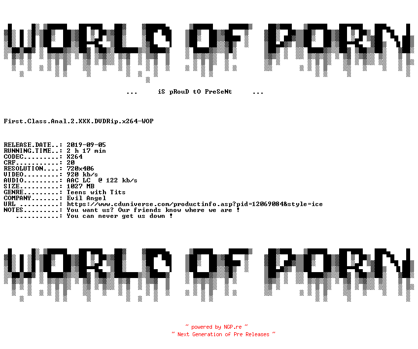 NFO for the release First.Class.Anal.2.XXX.DVDRip.x264-WOP by WOP