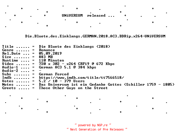 NFO for the release Die.Bluete.des.Einklangs.GERMAN.2018.AC3.BDRip.x264-UNiVERSUM by UNiVERSUM