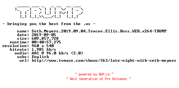 NFO for the release Seth.Meyers.2019.09.04.Tracee.Ellis.Ross.WEB.x264-TRUMP by TRUMP