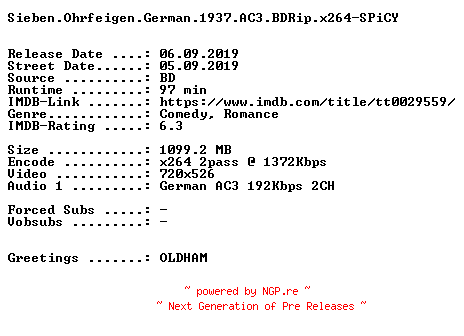 NFO for the release Sieben.Ohrfeigen.German.1937.AC3.BDRip.x264-SPiCY by SPiCY