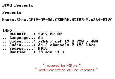 NFO for the release Heute.Show.2019-09-06.GERMAN.HDTVRiP.x264-BTVG by BTVG