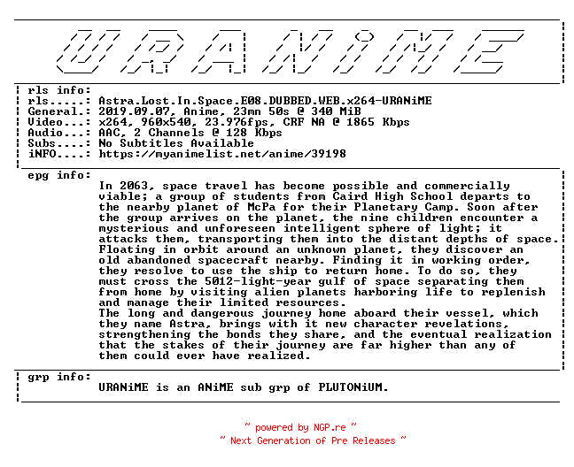 NFO for the release Astra.Lost.In.Space.E08.DUBBED.WEB.x264-URANiME by URANiME