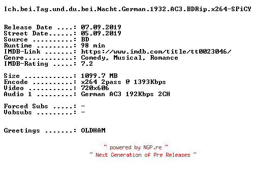 NFO for the release Ich.bei.Tag.und.du.bei.Nacht.German.1932.AC3.BDRip.x264-SPiCY by SPiCY