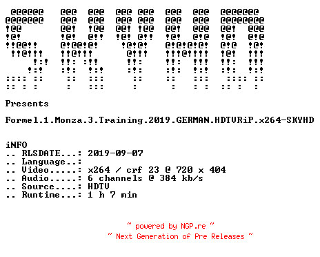 NFO for the release Formel.1.Monza.3.Training.2019.GERMAN.HDTVRiP.x264-SKYHD by SKYHD
