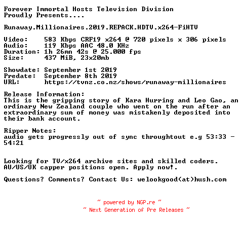 NFO for the release Runaway.Millionaires.2019.REPACK.HDTV.x264-FiHTV by FiHTV