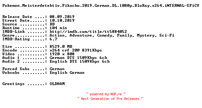 NFO for the release Pokemon.Meisterdetektiv.Pikachu.2019.German.DL.1080p.BluRay.x264.iNTERNAL-SPiCY by SPiCY