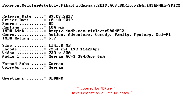 NFO for the release Pokemon.Meisterdetektiv.Pikachu.German.2019.AC3.BDRip.x264.iNTERNAL-SPiCY by SPiCY