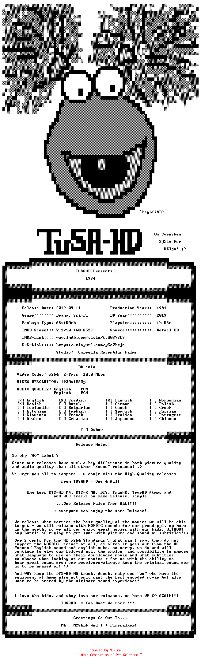 NFO for the release 1984.1984.REMASTERED.NORDICSUBS.1080p.BluRay.x264.HQ-TUSAHD by TUSAHD