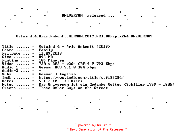 NFO for the release Ostwind.4.Aris.Ankunft.GERMAN.2019.AC3.BDRip.x264-UNiVERSUM by UNiVERSUM
