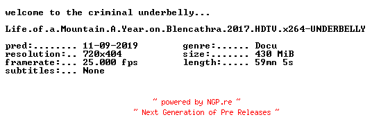 NFO for the release Life.of.a.Mountain.A.Year.on.Blencathra.2017.HDTV.x264-UNDERBELLY by UNDERBELLY