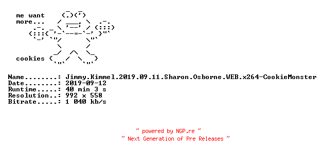 NFO for the release Jimmy.Kimmel.2019.09.11.Sharon.Osborne.WEB.x264-CookieMonster by CookieMonster