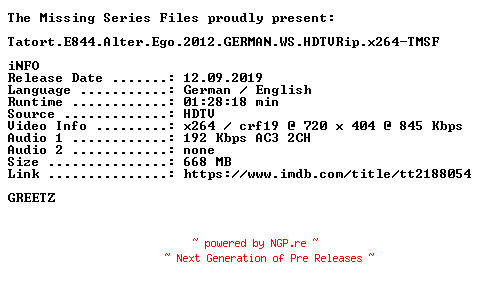 NFO for the release Tatort.E844.Alter.Ego.2012.GERMAN.WS.HDTVRip.x264.iNTERNAL-TMSF by TMSF