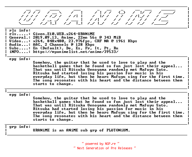 NFO for the release Given.E10.WEB.x264-URANiME by URANiME