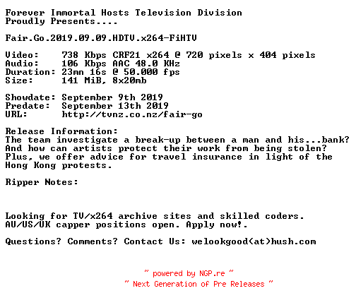 NFO for the release Fair.Go.2019.09.09.HDTV.x264-FiHTV by FiHTV