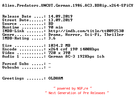 NFO for the release Alien.Predators.UNCUT.German.1986.AC3.BDRip.x264-SPiCY by SPiCY