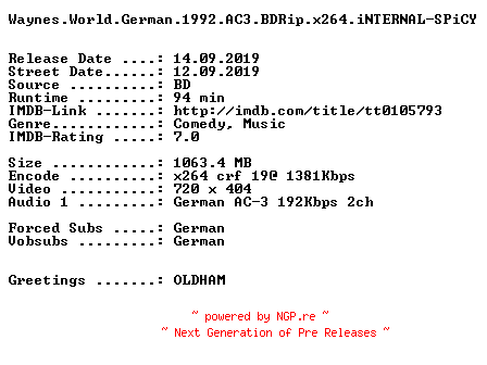 NFO for the release Waynes.World.German.1992.AC3.BDRip.x264.iNTERNAL-SPiCY by SPiCY