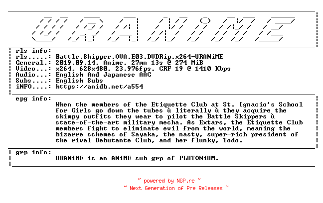 NFO for the release Battle.Skipper.OVA.E03.DVDRip.x264-URANiME by URANiME