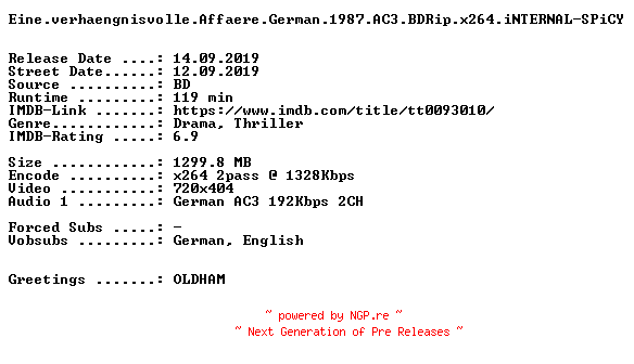 NFO for the release Eine.verhaengnisvolle.Affaere.German.1987.AC3.BDRip.x264.iNTERNAL-SPiCY by SPiCY